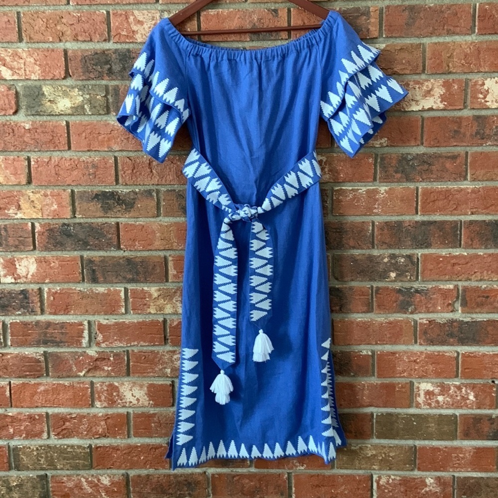 Marie Oliver Blue & White Off the Shoulder Darcy Dress - Picture 2 of 12